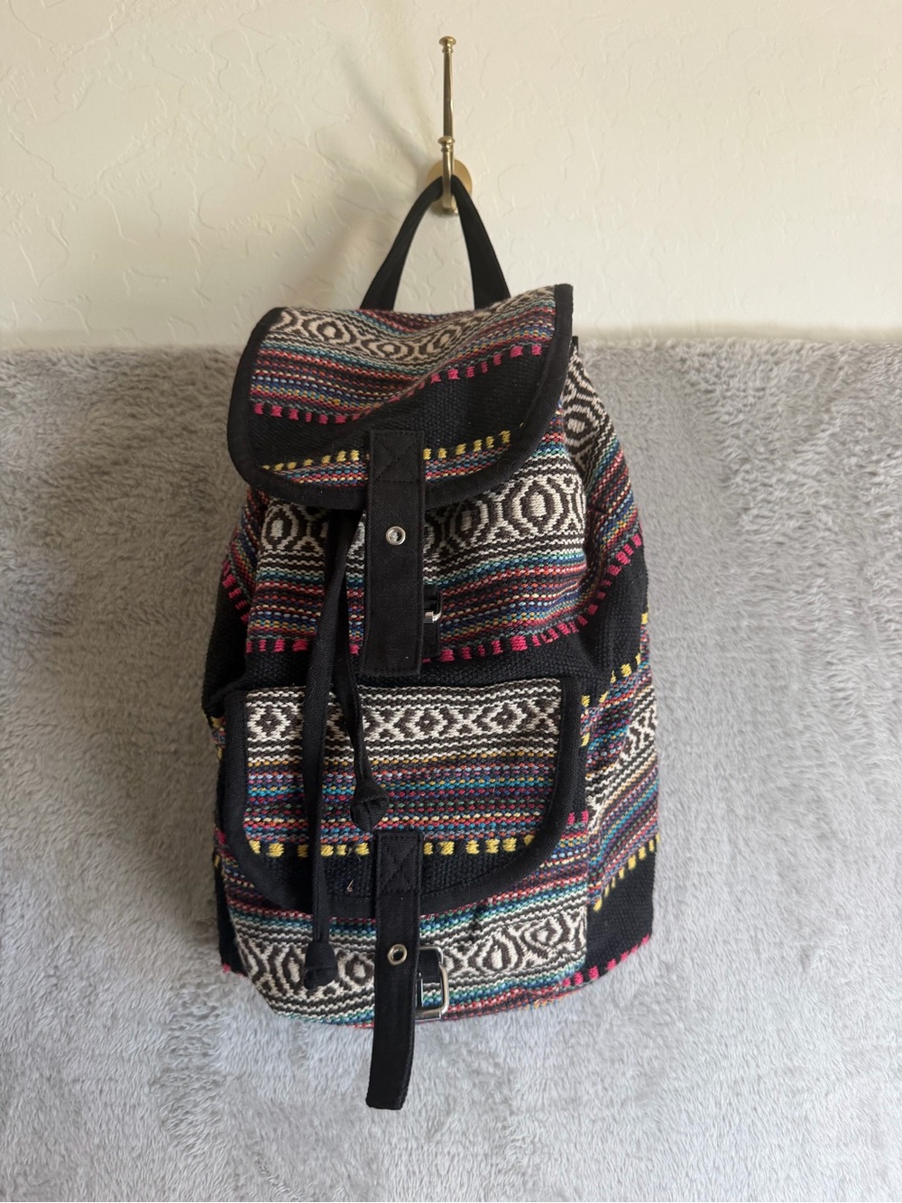 Boho Multi-Color Woven Drawstring Backpack - Picture 4 of 5